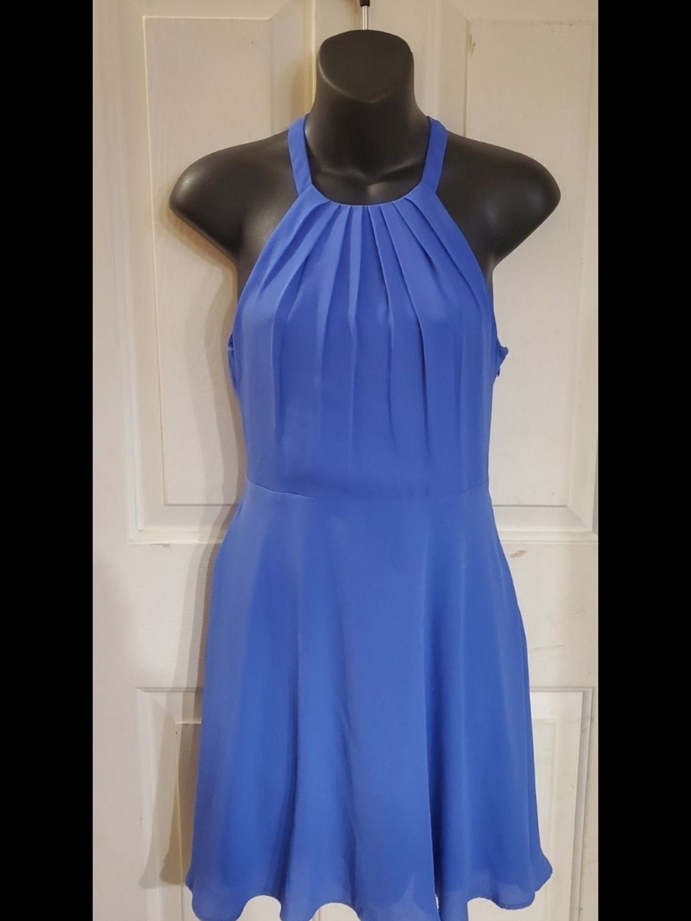 Express Blue Pleated Halter Fit & Flare Dress